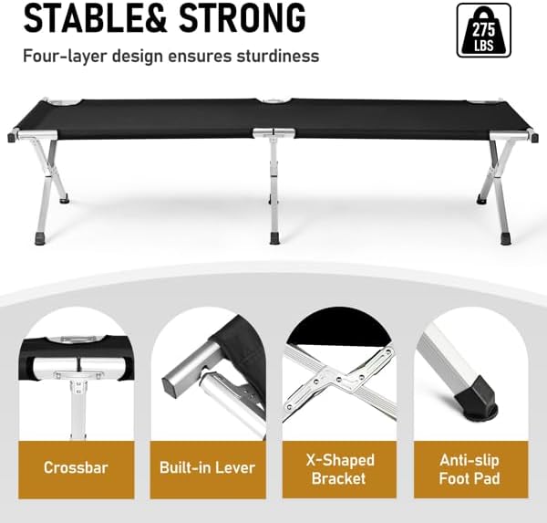 Portable Folding Camping Cot Heavy Duty Sleeping Bed with Carrying Bag 610D Oxford Cloth &amp Lightweight Aluminum Frame 275lbs Load Outdoor Cot for Adults Travel Hiking Office (Black 2 Pack)