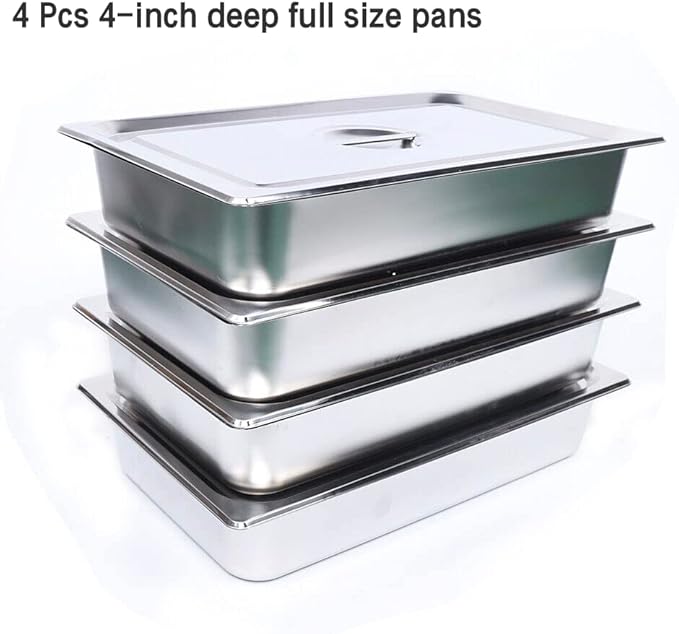 4 Pcs Anti-Jamming Steam Pan with Lids Full-Size x 4-Inch Deep Stainless Steel Steam Table Pan Hotel Pans with Covers Buffet Servers Pan Food Tray Warmer Catering-21.06 * 12.8 * 3.94in