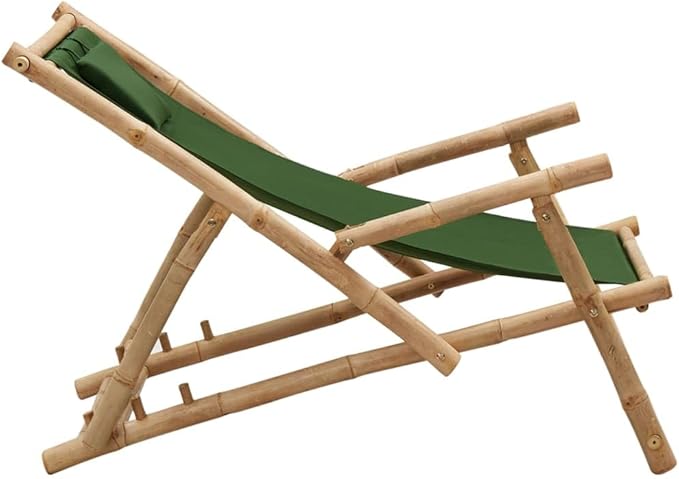 Green Bamboo Deck Chair Adjustable Recliner with Foldable Design for Patio Garden Beach Camping Sturdy Canvas Polyester Outdoor Lounge Chair for Relaxing