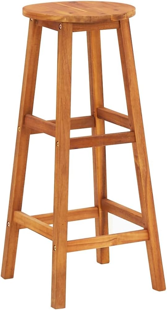 Set of 6 Solid Acacia Wood Bar Stools with Standard Footrest Rustic Indoor Outdoor Seating for High Table Durable Oil Finish Comfortable Square Design