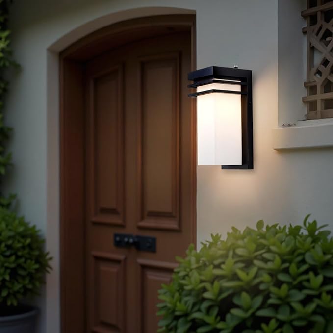 Dusk to Dawn Outdoor Wall Sconce Black Modern Wall Lights Fixture with White Frosted Glass 12 inch Exterior Porch Sconce Lighting Wall Mount for House Patio E26 Base