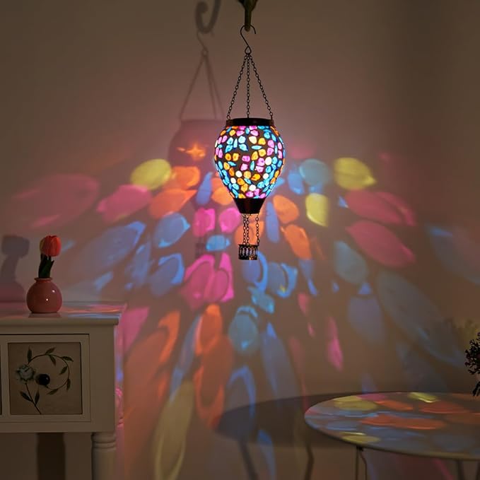 Mosica Hot Air Balloon Solar Lantern Glass Hanging Solars Lanterns Outdoor Waterproof Decorative Solar Light for Garden Yard Patio Decor(Butterfly Pattern)