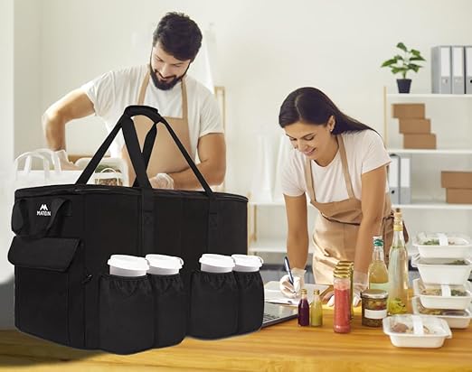 MATEIN Insulated Food Delivery Bag XXXL Thermal Catering Bag for Hot &amp Cold Food Water-Resistant Foldable Pizza Delivery Carriers for Transport with 4 Cup Holders &amp Reinforced Bottom Black