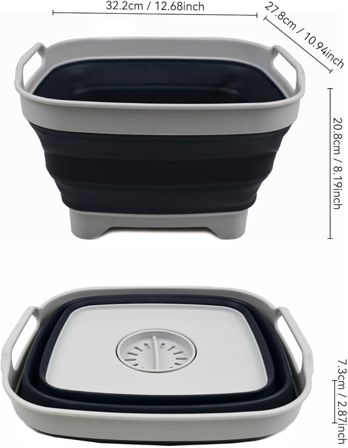 SAMMART 7.5L (2 Gallons) Collapsible Dishpan with Draining Plug - Foldable Washing Basin - Portable Dish Washing Tub - Space Saving (Grey/Slate Grey 1)
