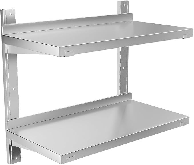 Stainless Steel Shelf 23.6 x 12.6 Commercial Floating Wall Shelf with Brackets 110Lb Capacity Adjustable Double-Layer Metal Heavy Duty Storage Rack for Restaurant Kitchen Home Bathroom
