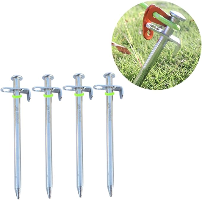 HANABASS 4pcs Sturdy Steel Tent Stakes and Hooks Tent Pegs Nails for Stake Kit Outdoor Camping Tarp Fixation
