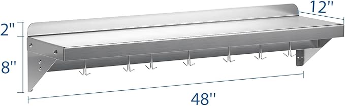 12 x 48 NSF Certified Stainless Steel Wall Mount Shelf - Multifunctional Metal Storage Rack with Backsplash and 7 Hooks