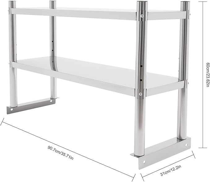 Stainless Steel Double Tier Overshelf 12 * 36in Commercial Heavy Duty Shelving Height Adjustable Shelf Storage for Prep &amp Work Table in Restaurant Home and Kitchen (12 * 36in)