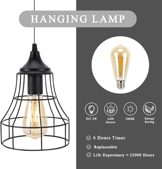 JHY DESIGN Hanging Lamp Set of 2 Battery Powered Decorative Pendant Lamp Metal Cage Battery Lamp with 6 Hours Timer for Bar Bedroom Garden Parties Patio Indoor Outdoor Living Room(Geometry)