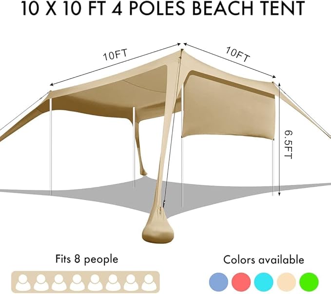 Beach Canopy Tent Shade with Sidewalls 10x10FT 6.6FT Tall UPF50+ Sun Shelter Windproof &amp Water Resistant Includes Guylines Sand Shovel Stability Poles Easy Up for Beach Outdoor Camping Backya