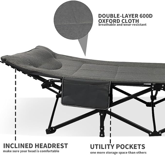 Northroad Camping Cot for Adults with Cushion and Pillow Portable Folding Bed for Sleeping Lightweight Tent cot with Carry Bag Supports 450 lbs (Grey)