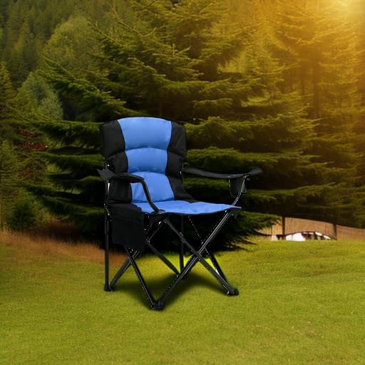 Oversized Camping Chair Folding Heavy Duty Quad Outdoor Large Lawn Chairs Portable Support 400 lbs Padded Thicken Oxford with Armrests Storage Bag Cup Holder Carry Bag for Outside(Blue)