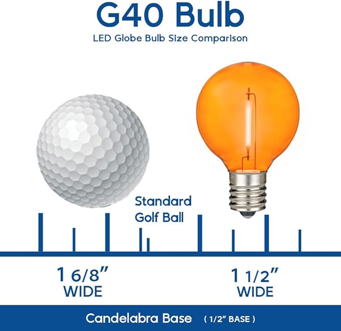 Novelty Lights 25 Pack Orange G40 LED Filament String Light Bulbs E12/C7 Candelabra Base 5 Watt Equivalent Shatterproof Replacement Bulbs for Patios Canopy Lighting