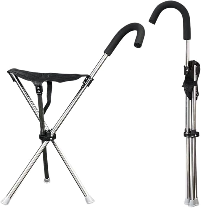 Portable Walking Stick Seat with 3-Leg Stability &amp Anti-Slip Pad for Hiking Fishing and Senior Light Weight Trekkings Rod Chair