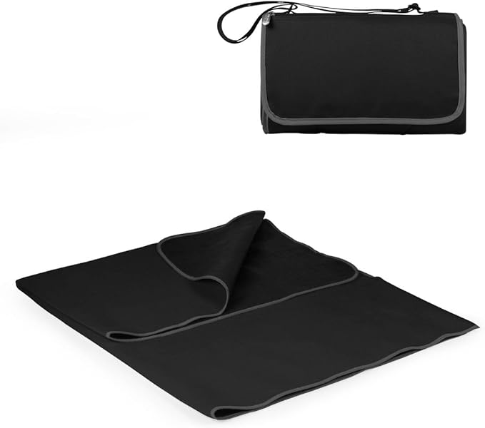 PICNIC TIME Outdoor Picnic Blanket Tote 59x51 Foldable Beach &amp Camping Blanket with Soft Fleece Water-Resistant Bottom Adjustable Strap &amp Zippered Pocket (Black with Black Exterior)