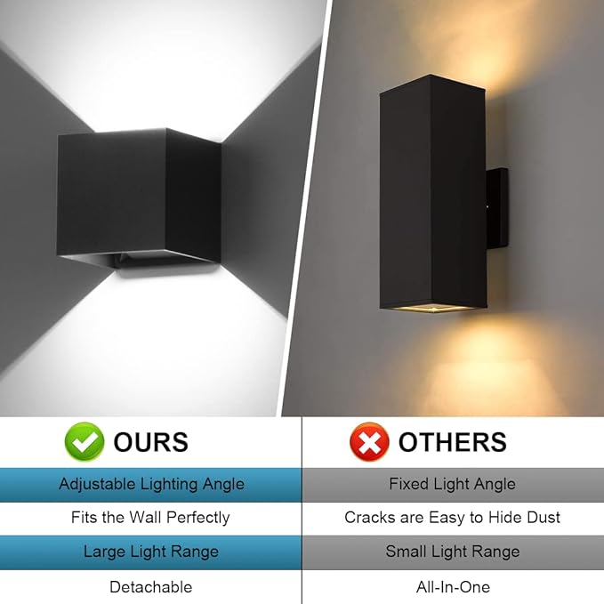BIRTALO 20 Watt LED Up and Down Outdoor Wall Lights Adjustable 6500K Modern Wall Sconce Square Waterproof Black Aluminum Exterior/Interior Porch Lighting for Living RoomGardensStairs2 Pack