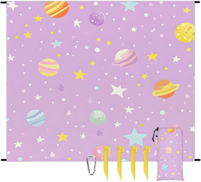 Waterproof Sandproof Beach Blanket 59''×68'' Romantic Starry Night Polyester Outdoor Picnic Blanket with 4 Stakes &amp Storage Bag for BeachCampingVacation Light Purple