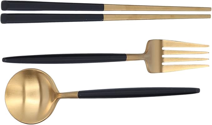 3Pcs Portable Travel Utensils Set Stainless Steel Spoon Fork Chopsticks Dishwasher Safe Cutlery with Anti Shake Groove Storage Box for School Work Outdoor Use (Black gold (black storage box))