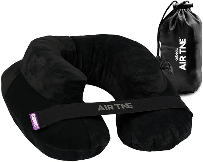 Cabeau Inflatable Travel Pillow – Air TNE – Adjustable Lightweight and Supportive for Sleeping on Airplanes Trains and Cars– Customized Fit and Compact Carrying Case (Midnight Black)