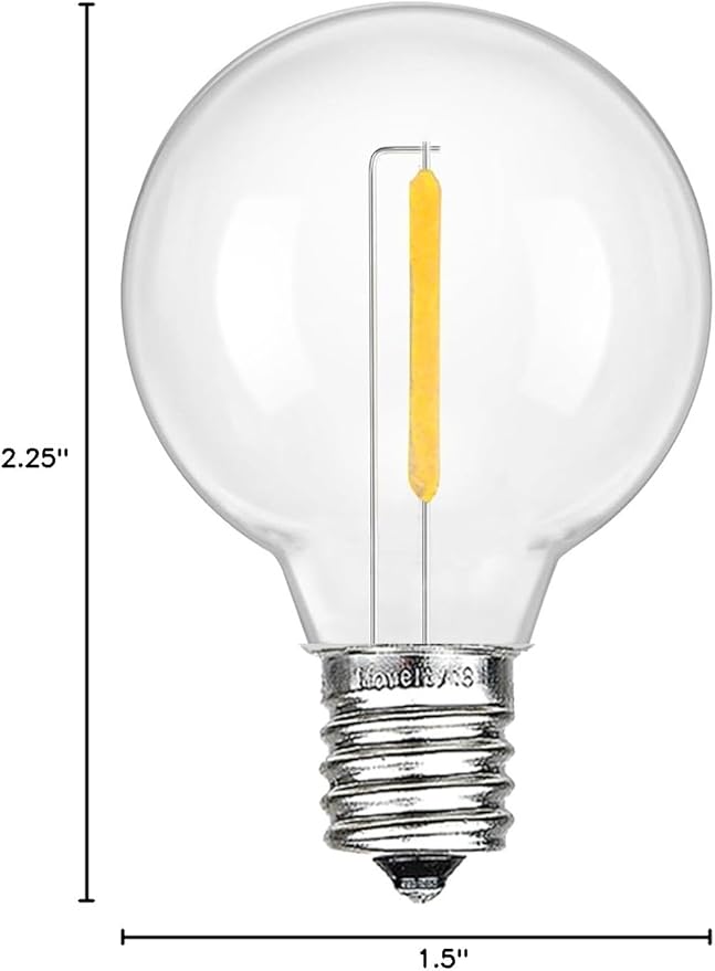 Novelty Lights 25 Pack Warm White G40 LED Filament String Light Bulbs E12/C7 Candelabra Base 5 Watt Equivalent Shatterproof Replacement Bulbs for Patios Canopy Lighting