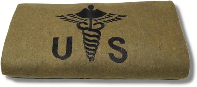 M MCGUIRE GEAR Military Style Wool Camping Survival and First Aid Blanket 64 x 90 Embroidered Caduceus Logo Olive Drab
