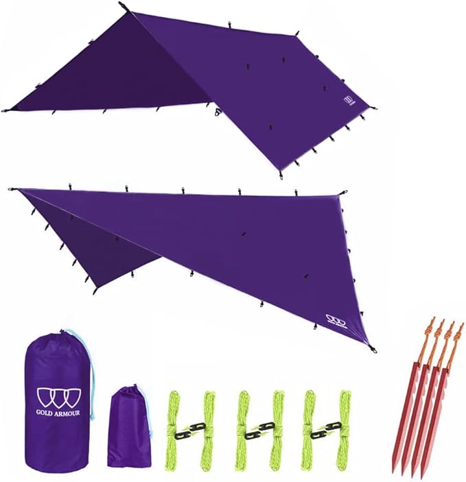 Gold Armour Rainfly Tarp Hammock Premium 14.7ft/12ft/10ft/8ft Rain Fly Cover Waterproof Ultralight Camping Shelter Canopy Survival Equipment Gear Camping Tent Accessories (Purple 14.7ft x 12ft)
