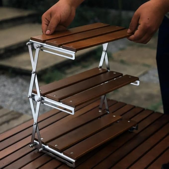 Three Level Solid Wood Outdoor Camping Rack Folding Multifunctional Storage Table Storage Display Rack Camping Coffee Table