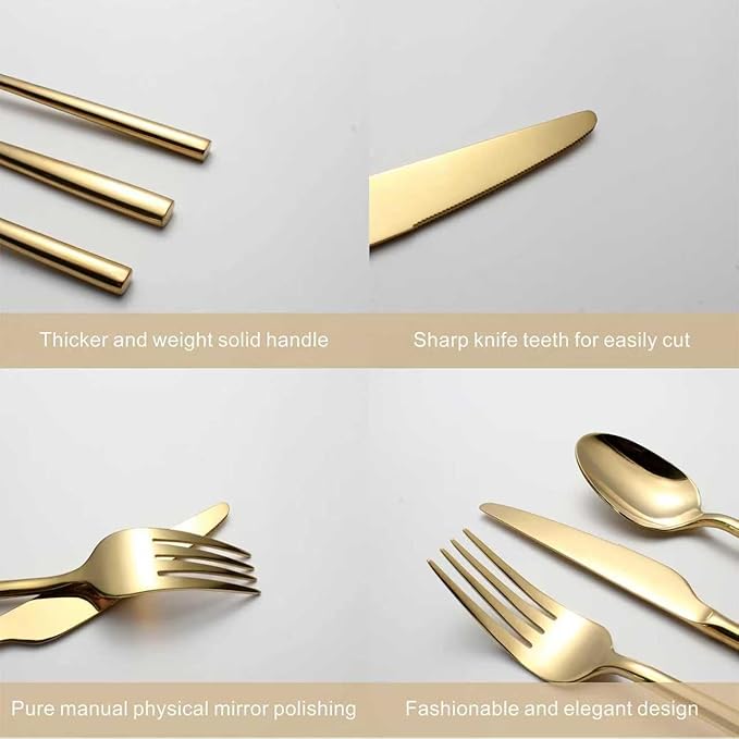 Gold Silverware Set 20-Piece Flatware Cutlery Set Service for 4 Heavy Duty Titanium Coating Modern Design 18/0 Stainless Steel Utensils Dishwasher Safe