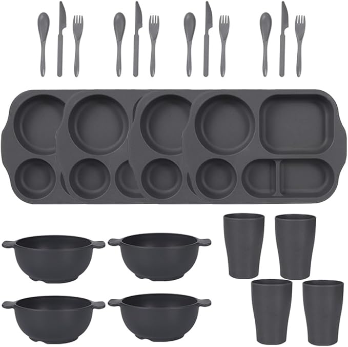 24 Pcs Wheat Straw Dinnerware Cutlery SetsUnbreakable Divided Plates Bowls Cups Spoon Knife Fork for 4 PeopleMicrowave Dishwasher Safe Tableware Cutlery for Party and Daily UseGrey
