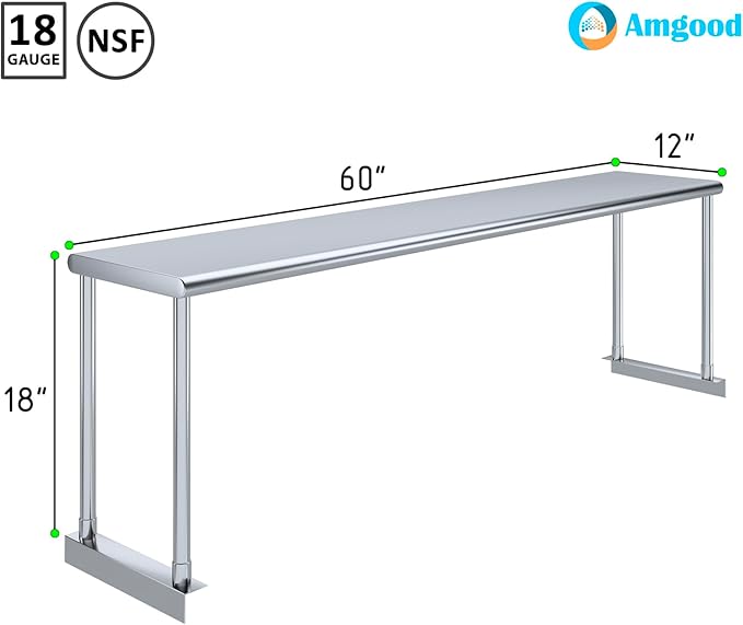 AmGood Stainless Steel Single Overshelf for 60 Long Prep Table. 12 Wide x 60 Long x 18 High