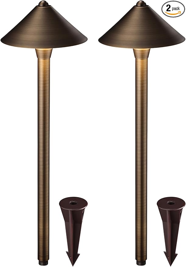 LEONLITE Conehead Solid Cast Brass Pathway Light 12V Low Voltage Landscape Lights for Walkway Garden Work with G4 Bulb (Bulbs Not Included) IP65 21.5'' Tall 6.73'' Shade Bronze Pack of 2