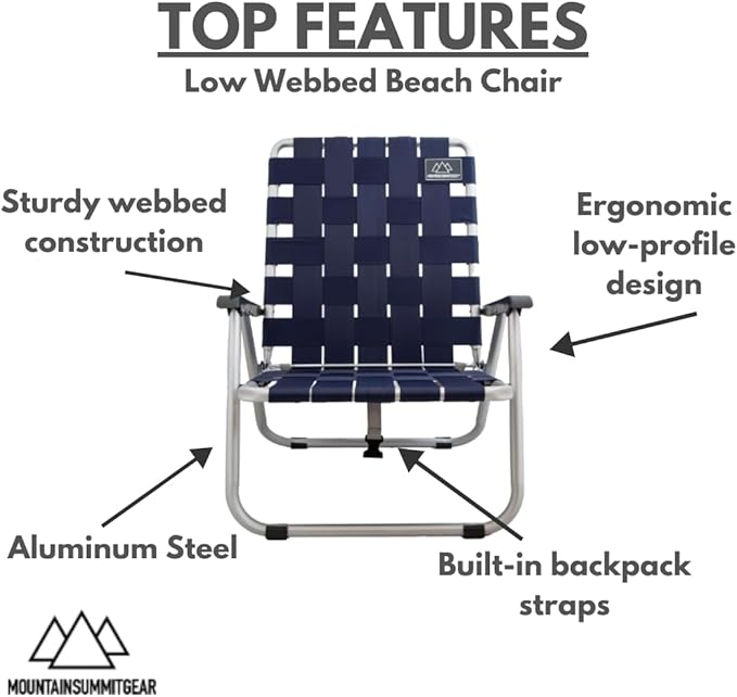 MOUNTAIN SUMMIT GEAR Low Webbed Beach Chair with Backpack Straps - Portable Lightweight Seating for Outdoor Adventures Beach Days and Camping by Caddis Sports