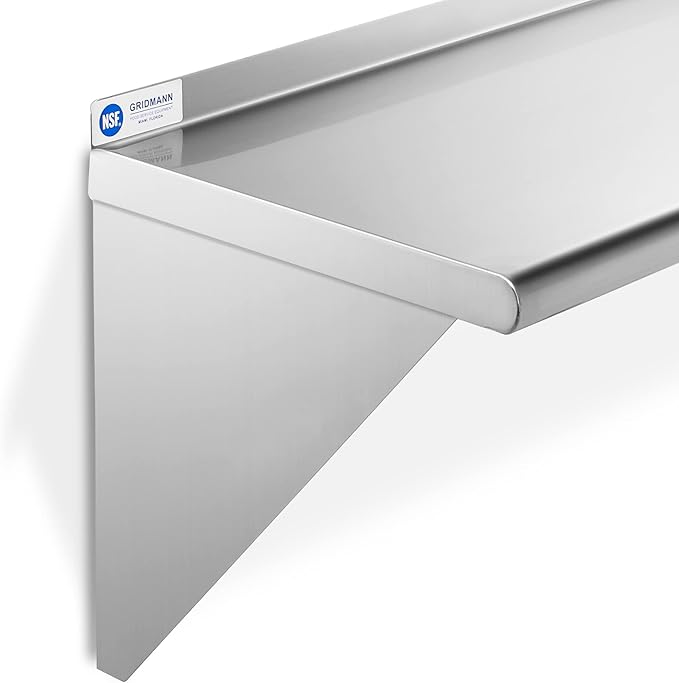 GRIDMANN 12 x 60 Stainless Steel Wall Mount Shelf with Backsplash Commercial Grade - NSF Certified 18 Gauge Shelving for Restaurant Kitchen Utility Room Garage