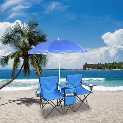 Camping Chairs Folding Double Chair with Removable Umbrella Cup Holders Cooler Bag Side Pocket &amp Carry Bag for Beach Outdoor Sports Concerts Travel Picnic