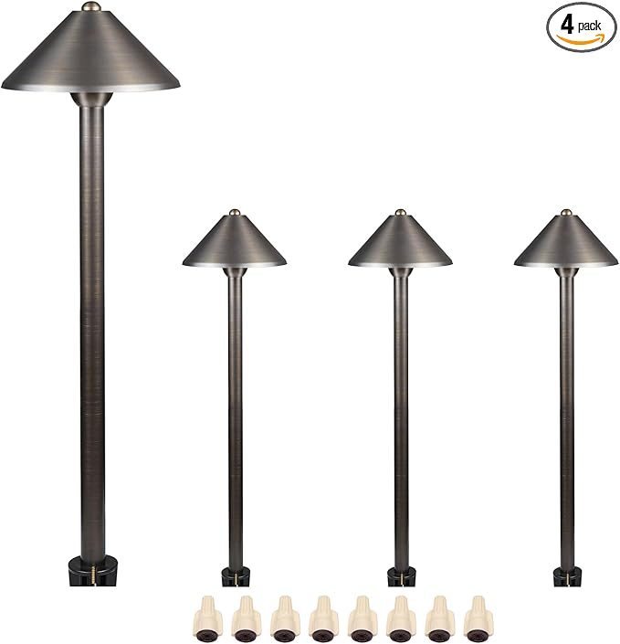 DOSHINE® Solid Brass Low Voltage Landscape Lighting Pathway Lights (7 Shade 22 Tall) with Replaceable 3W G4 LED Bulb 3000K AC/DC 12V and Ground Stake for Outdoor Walkway Driveway (UMB4-Pack)