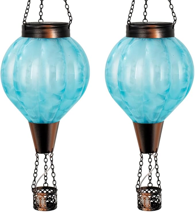 2 Pack Glass Hot Air Balloon Solar Lantern Outdoor Waterproof Hanging Solar Hot Air Balloon Lantern with Flame Solars Lights Decor for Garden Yard Patio Porch(Blue)