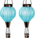 2 Pack Glass Hot Air Balloon Solar Lantern Outdoor Waterproof Hanging Solar Hot Air Balloon Lantern with Flame Solars Lights Decor for Garden Yard Patio Porch(Blue)