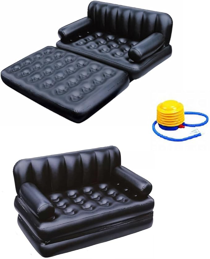 Folding Portable Inflatable Sofa Twin Bed Lazy Flocking Queen Size Air Bed Mattress - Great for Pop Up Indoor Living Room and Outdoor Balcony Backyard Camping Picnic RV + Foot Pump (Black)