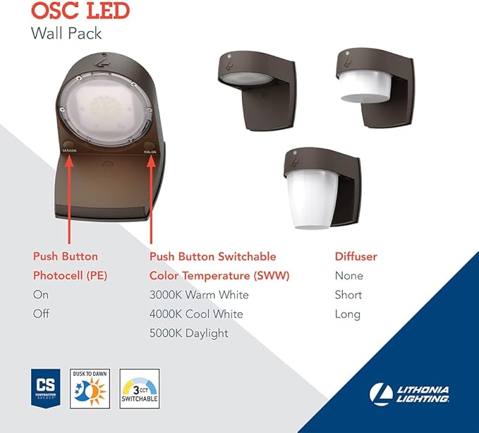 Lithonia Lighting LED Wall Pack Outdoor Light Fixture Wall Sconce for Doorways and Garages 3-in-1 Switchable White Light 3 Diffuser Options Dusk to Dawn Photocell 120V Bronze