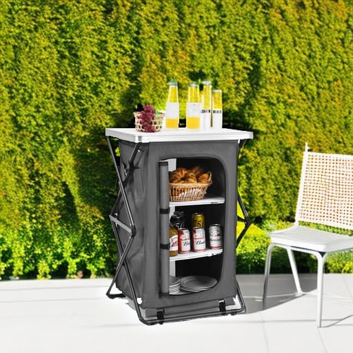 Giantex Folding Camping Storage Cabinet with 3 Shelves and Carry Bag Portable Outdoor Organizer Kitchen Table Quick Set-up for BBQ Picnic Backyard Compact Pop-Up Cupboard 35''H