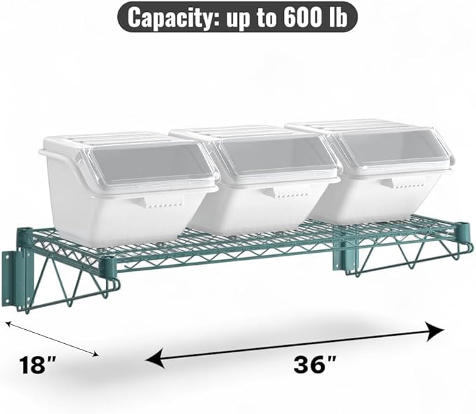 18 x 36 Green Wall-Mounted Wire Shelf Kit with Clip-in Ingredient Storage Bins Heavy-Duty Steel Rack Supports up to 600 lb Flip-Top Lids Open-Wire Design for Kitchen/Prep/Storage