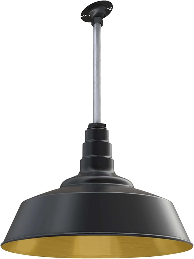 Steel Lighting Co. Manhattan Warehouse Light | Ceiling Mounted Pendant | 20 inch Dome | 12 inch Sloped Stem | Large Steel Barn Light Made in America | Matte Black Exterior/Brass Interior