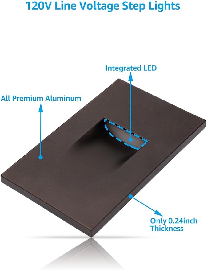 LEONLITE 3CCT 120V LED Step Lights 3.5W 150LM 5%-100% Dimmable Indoor Outdoor Waterproof Vertical Stair Light 3000K/4000K/5000K Selectable CRI90 ETL Aluminum Oil Rubbed Bronze Pack of 6