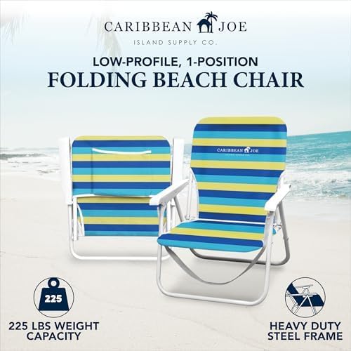 CARIBBEAN JOE Folding Beach Chair 1 Position Lightweight and Portable Foldable Outdoor Camping Accessories with Carry Strap (Bold Stripe 225lbs Capacity)