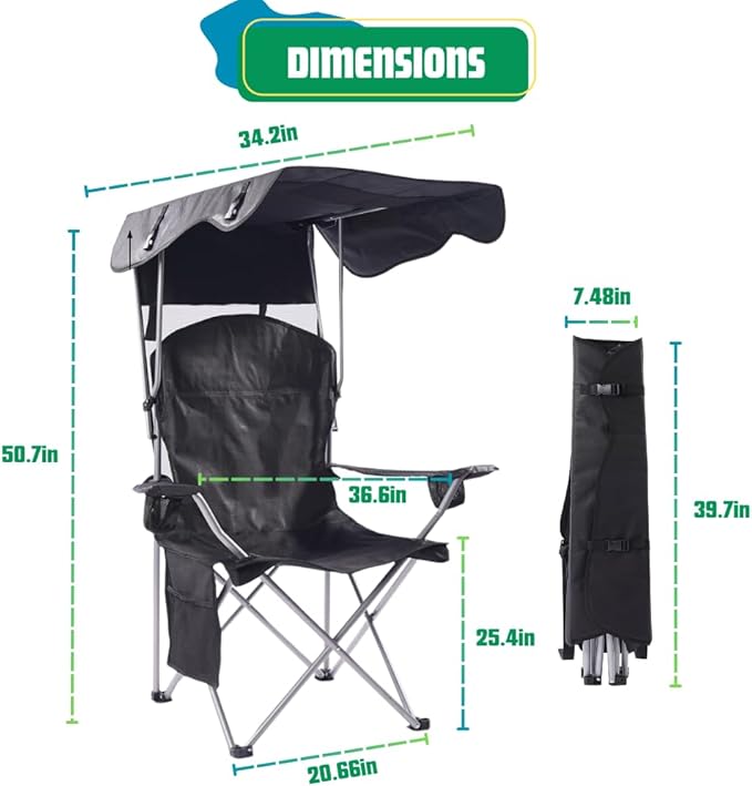 EZONE Folding Canopy Camp Chair for Outdoors Shade Canopy Portable Chair Camping Tailgates Beach Pool Lawn Chair Sunshade Travel Chair Folding Camping Chair (Black)