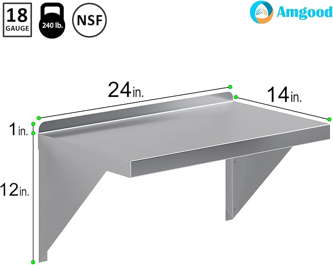 AmGood 14 x 24 Stainless Steel Wall Shelf | Appliance &amp Equipment Metal Shelving | Kitchen Restaurant Garage Laundry Utility Room | Heavy Duty | Squared Edge | NSF Certified
