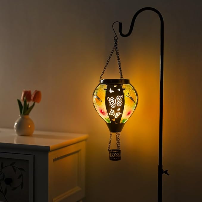 DREAMSOUL Butterfly Hot Air Balloon Solar Lantern Glass &amp Metal Outdoor Lantern Hanging Solar Lanterns Outdoor Waterproof for Garden Patio Party