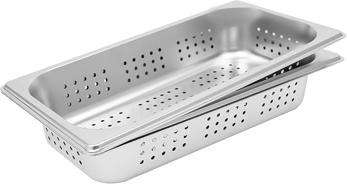 DYNAMI 2-Pack Anti-Jam Perforated Stainless Steel Steam Table Pan 1/3 Size 2 Deep Commercial Chafing Steam Table Pan Hotel PansCatering Food Pan (2-Pack1/3 Size 2 Deep)