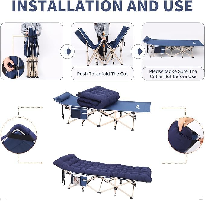 Nice C Heated Cot with Cushion Heated Camping Cots Folding Cots with Mattress for Adults with Pillow Carry Bag &amp Storage Pocket Extra Wide Sturdy Holds Up to 500 Lbs (2 Heated Mattress Navy