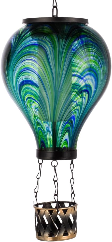Starsoul Hot Air Balloon Solar Lantern Flickering Flame Light Tie-Dye Style Glass Solar Powered Hot Air Balloon Lamp Hanging Outdoor Lantern Waterproof Decor for Patio Garden Porch